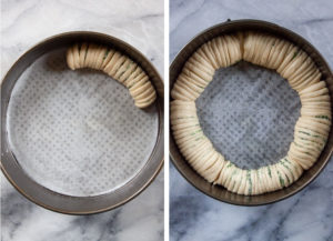 Left image is one roll of dough in a pan. Right image is all the rolls of dough in the pan.
