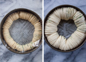 Left image is the pan of dough with plastic wrap over it. Right image is the dough double in size after rising.