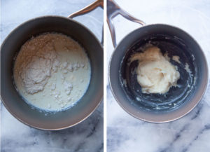 Left image is a pan with milk and flour in it. Right image is the milk and flour cooked into a paste called tangzhou.