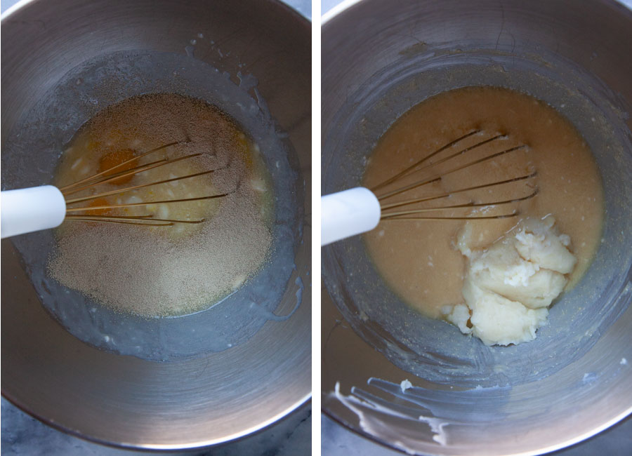 Left image is a whisk in a bowl with wet ingredients for the dough. Right image is the tangzhou added to the bowl with wet ingredients.