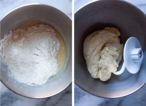 Left image is flour added to the bowl with wet ingredients for the dough. Right image is the dough kneaded and wrapped around the dough hook.