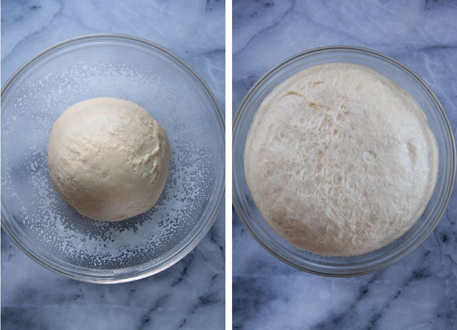 Left image is a ball of dough in a greased bowl. Right image is the same dough after it has risen and double in size in the bowl.