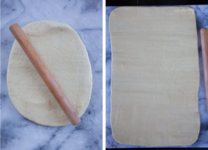 Left image is the dough being rolled out flat with a rolling pin on it. Right image is the dough rolled into a large rectangle.