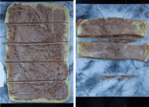 Left image is the dough cut into 5 strips. Right image is the dough strips being stacked on each other.