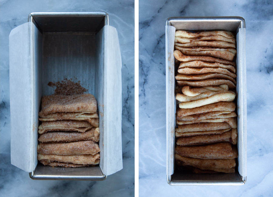 Left image is a loaf pan with half the dough stacked in it. Right image is a loaf pan with all the dough stacked in it.