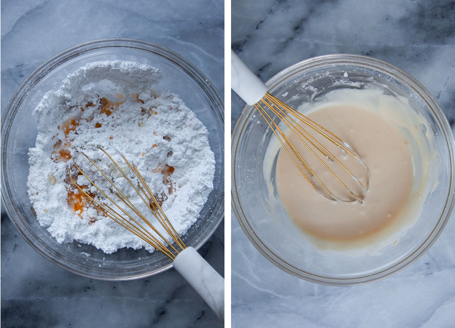 Left image is the glaze ingredients in a bowl with a whisk. Right image is all the glaze ingredients whisked together with the whisk.