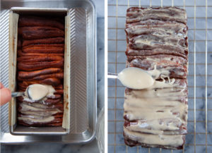Left image is glaze being spooned over the hot bread still in the pan. Right image is more glaze being spooned over the partially cooled bread on a wire rack.