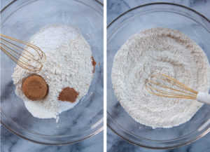 Left image is dry ingredients for scone in a bowl with a whisk. Right image is dry ingredients blended together in a bowl with a whisk.