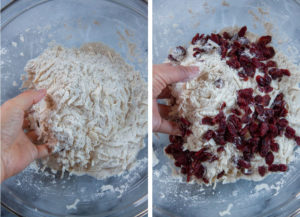 Left image is a hand tossing the dry ingredients with grated butter in a bowl. Right image is a hand tossing dried cranberries with other ingredients for the scone.