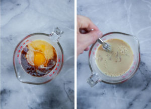 Left image is wet ingredients in a glass measuring cup. Right image is a hand mixing the wet ingredients together.