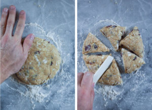 Left image is a hand patting the dough into a disk. Right image is the dough being cut into 6 wedges.