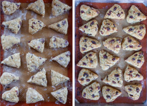 Left image is scones ready to be baked on a baking sheet. Right image is baked scones out of the oven on a baking sheet.