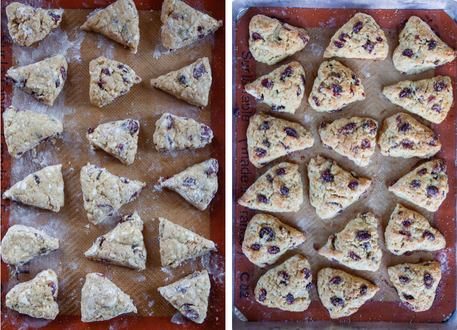 Left image is scones ready to be baked on a baking sheet. Right image is baked scones out of the oven on a baking sheet.