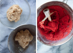 Left image is the cookie dough divided into two bowls. Right image is half the cookie dough dyed red with food coloring.