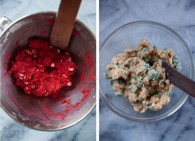 Left image is a a bowl of red dough for the peppermint cookies. Right image is a bowl of white dough with mint chips for the peppermint cookies.