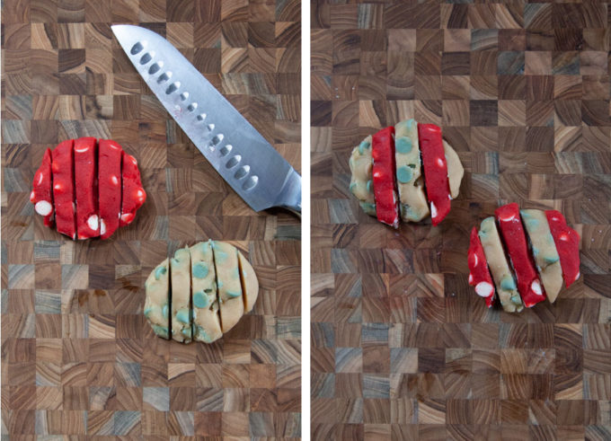 Left image is a red disk of cookie dough and a white disk of cookie dough cut into 5 strips. Right image is the cookie dough strips rearranged to have alternating stripes of red and white cookie dough formed into disks.