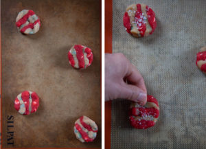 Left image is striped disks of dough sitting on a baking sheet. Right image is a hand sprinkling flaky salt on one of the dough disks.