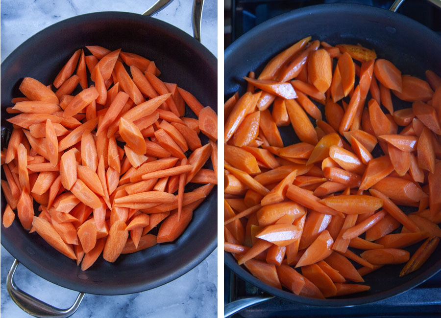 Left image is cut carrots in a pan. Right image is the carrots cooked in the pan.