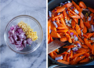 Left image is a bowl with chopped shallots, garlic and ginger in it. Right image is chopped shallots, garlic and ginger added to the carrots cooking in a pan.