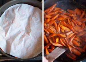 Left image is a pan with carrots covered with parchment paper. Right image is a wooden spatula stirring the carrots in the pan.