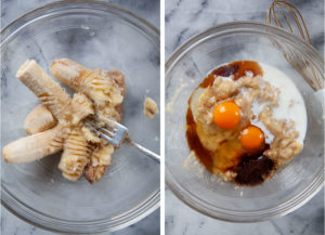 Left image is a fork mashing bananas. Right image is eggs, milk, vanilla and espresso powder added to bananas.