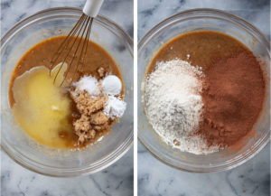 Left image is butter, sugar, baking powder, baking soda and salt add to batter. Right image is flour and cocoa added.