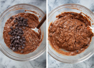 Left image is chocolate chip added to banana bread batter. Right image is the chips stirred in.