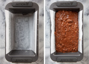 Left image is a loaf pan with parchment paper in it. Right image is chocolate banana bread batter in the pan.