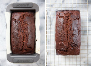 Left image is chocolate banana bread baked in a pan. Right image is banana bread on a wire cooling rack.
