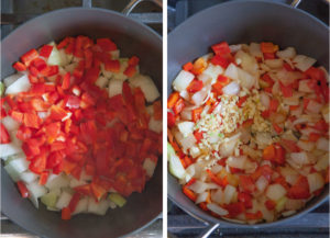 Left image is chopped red bell peppers and onions in a pot. Right image is garlic added to the pot after the vegetables have been cooked.