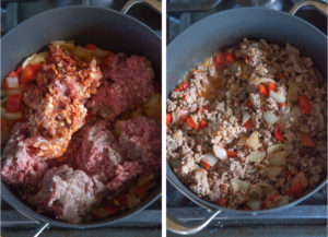 Left image is ground beef and Italian sausage added to pot. Right image is meat cooked and browned in pot.