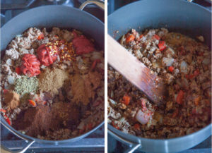 Left image is spices and tomato paste added to pot. Right image is spices and ingredients for chili cooked.
