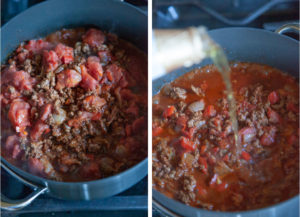 Left image is tomatoes added to pot of chili. Right image is beer being poured into the pot of chili.
