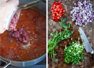 Left image is kidney beans added to the pot of chili. Right image is chili toppings being chopped on a cutting board.