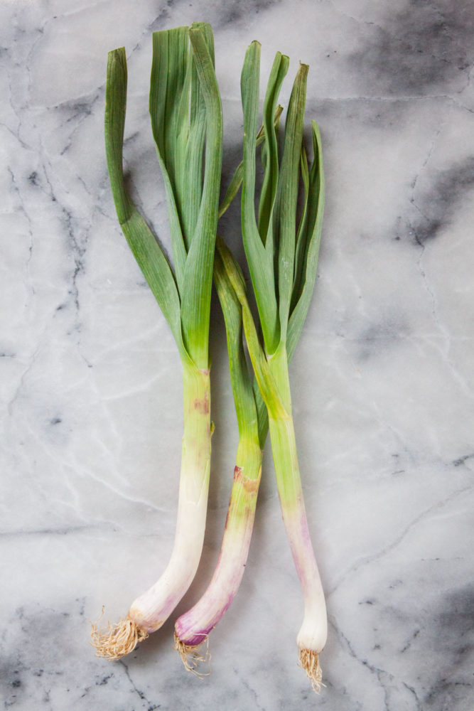 Green Garlic, sometimes called wet garlic, on a marble surface.