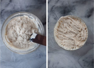 Left image is flour added to yeasty water to make a sponge. Right image is the sponge after it's been chilled for 8 hours.