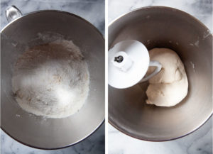Left image is sponge, flour and salt in the bowl of a stand mixer. Right image is the dough kneaded.