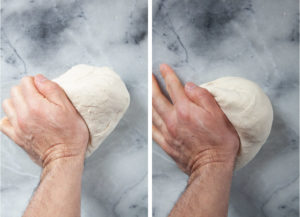 Left and right images is a hand kneading the dough for the pampushka bread.