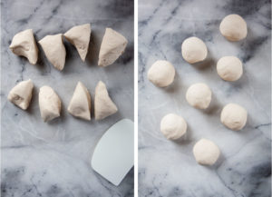 Left image is the pampushka dough divided into 8 segments. Right image is the dough pieces formed into balls.