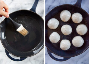 Left image is a hand brushing oil into a cast iron skillet. Right image is dough balls in the oiled skillet.