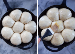 Left image is the dough in a cast iron skillet double in size and touching. Right image is a hand brushing an egg wash on the dough.