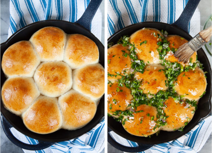 Left image is the baked pumpushka bread. Right image is the garlic herb oil being brushed over the hot bread rolls.