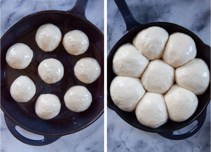 Left image is balls of dough in an oiled pan. Right image is the balls of dough after they have risen and are double in size and touching each other.