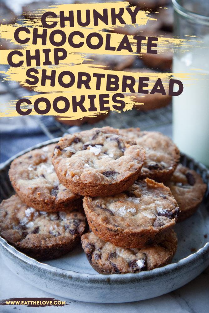 Stack of chocolate chip shortbread cookies on a plate with a glass of milk next to it.