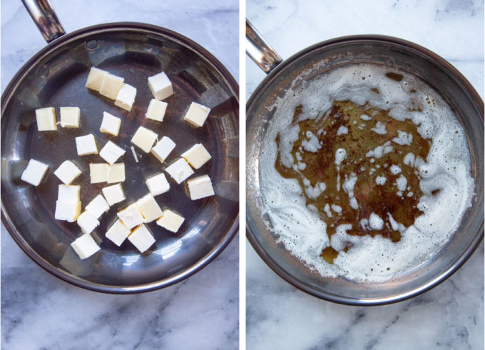 Left image is cold butter cut into cubes and put in a pan. Right image is the butter browned and melted in the pan.