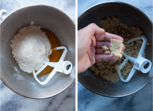 Left image is flour being added into the cookie dough. Right image is a hand grabbing some dough and pressing it together.