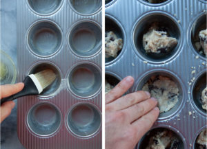 Left image is a hand brushing melted butter into a muffin pan cup. Right image is a hand pressing the shortbread cookie dough into the greased muffin cup.