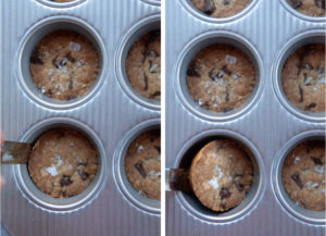 Left image is chocolate chip shortbread cookies baked in a muffin pan. Right image is a small offset spatula lifting one cookie out of the muffin pan.