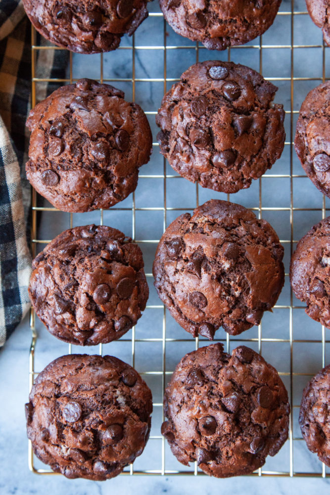 Double chocolate chip muffins cooling on a wire rack.