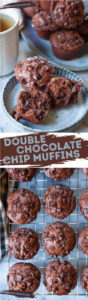 Top Image Two double chocolate chip muffins on a serving plate with a cup of tea a platter of more muffins next to it. Bottom is is double chocolate chip muffins on a wire cooling rack.